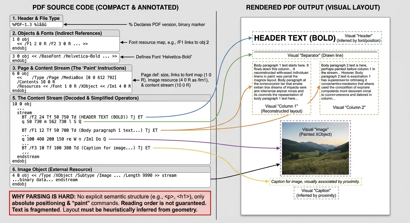 Anatomy of a PDF on the left and visual layout on the right, highlighting the gap between source structure and readable text